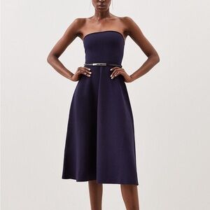 Premium Viscose Blend Body Contouring Belted Full Skirt Bandeau Knit Dress